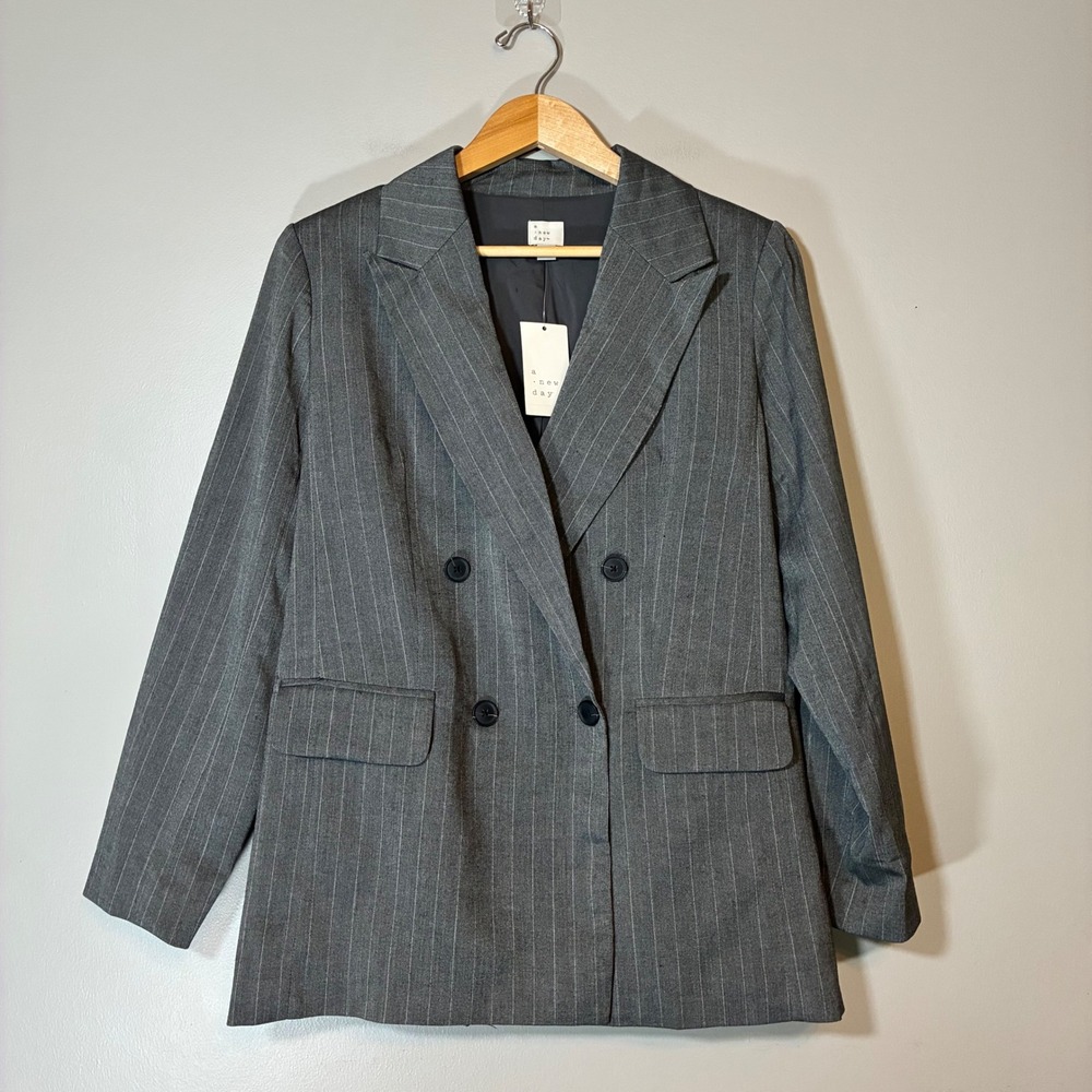 A New Day Womens Grey Pinstripe Double Breasted Blazer Jacket Size S NWT